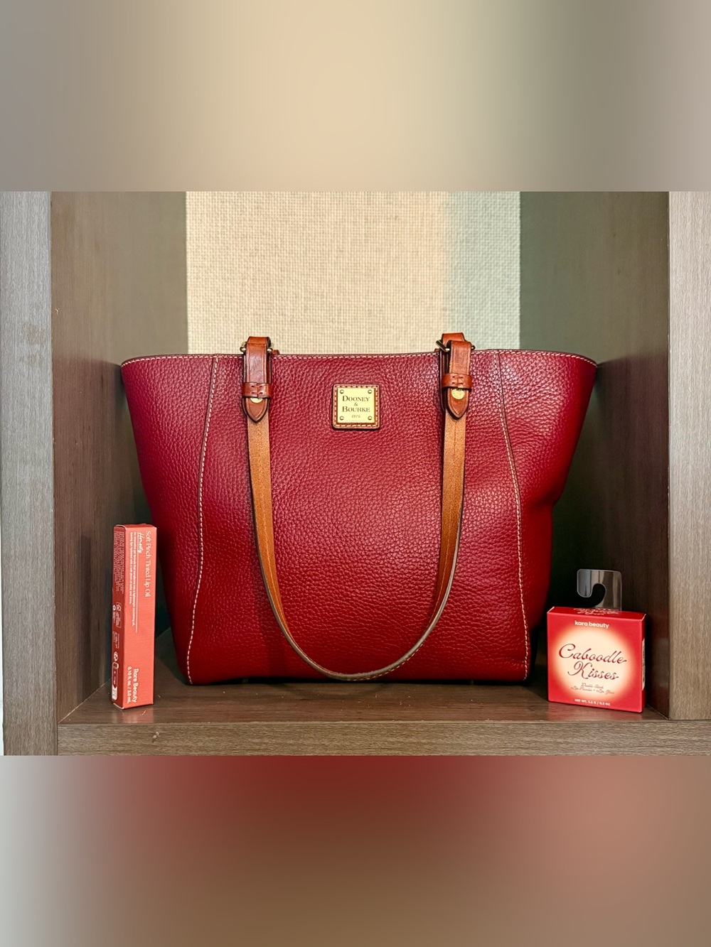Dooney & Bourke Red Pebble Leather Tote with Tan Straps With D& B Necklace